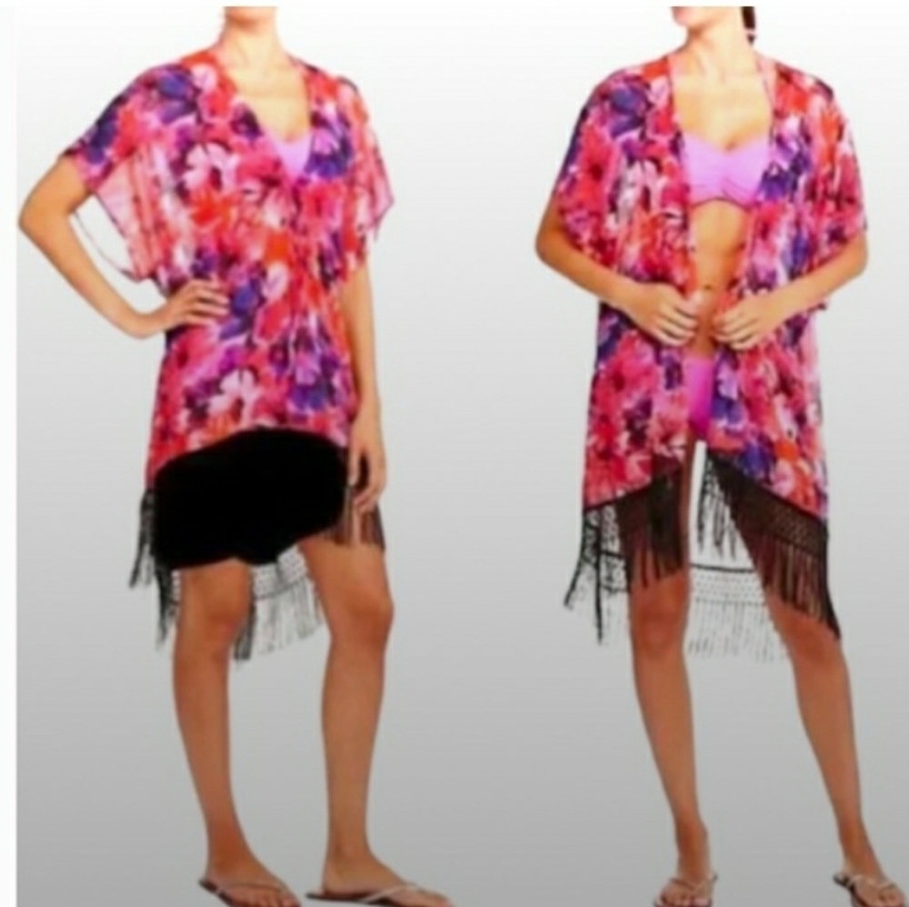 Catalina Kimono Cover Up Chiffon Floral Open Front Beach Short Sleeve Fringe L